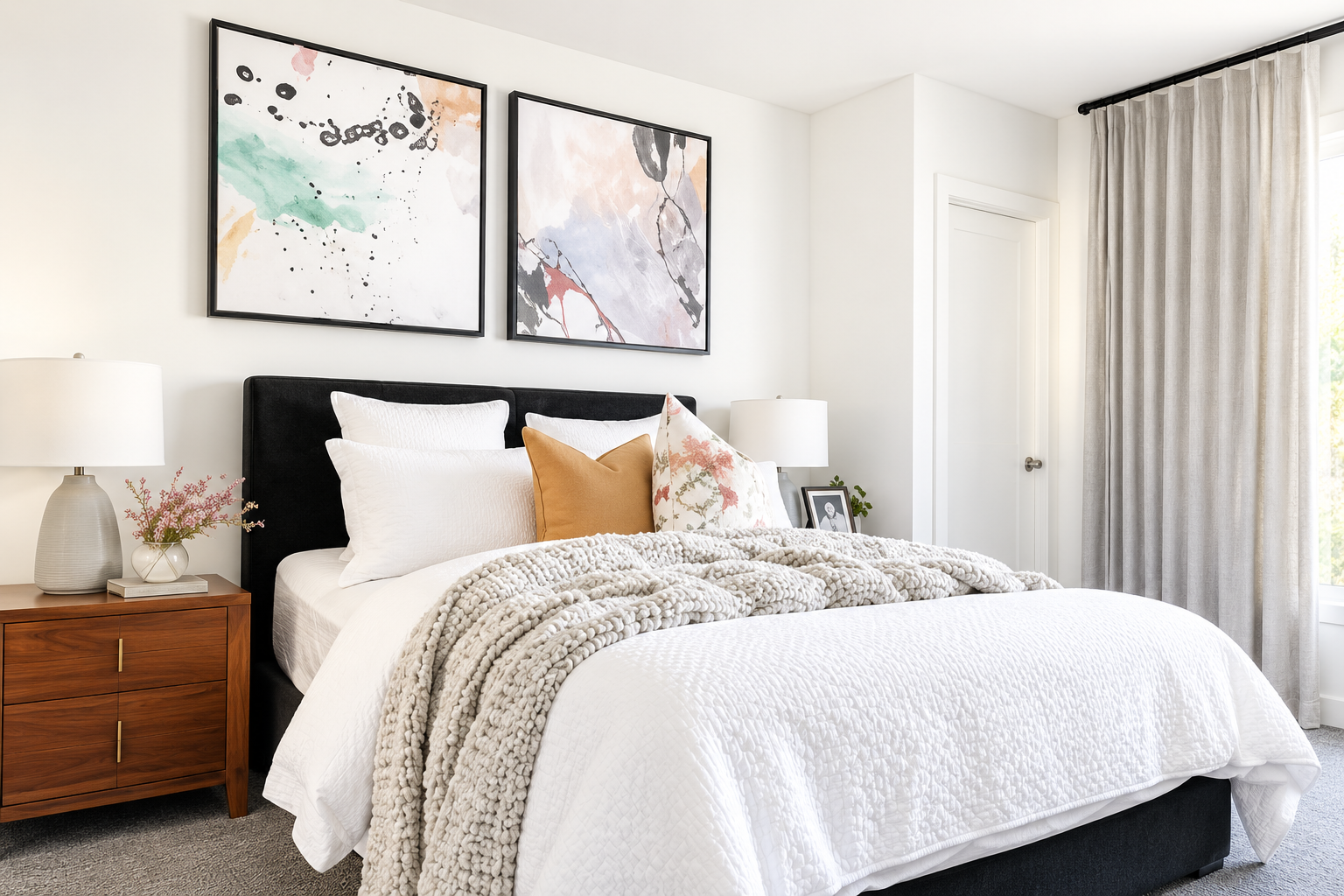 Bedroom with black upholstered bed, abstract artwork and layered linen