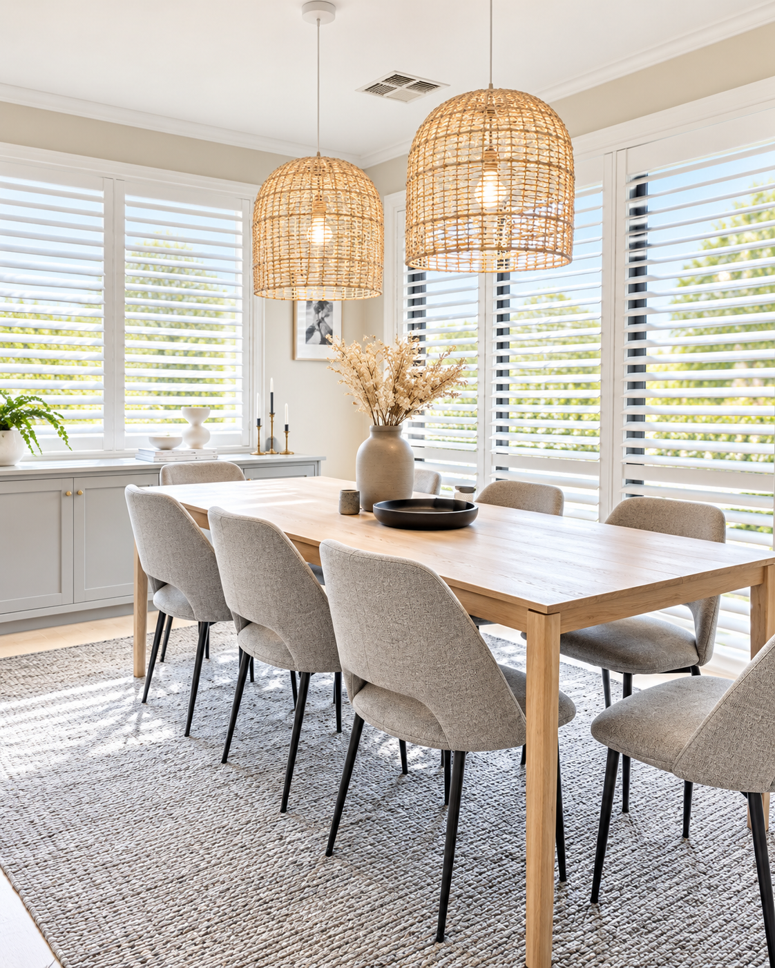 Dining room with oak table, rattan pendant lights and white shutters