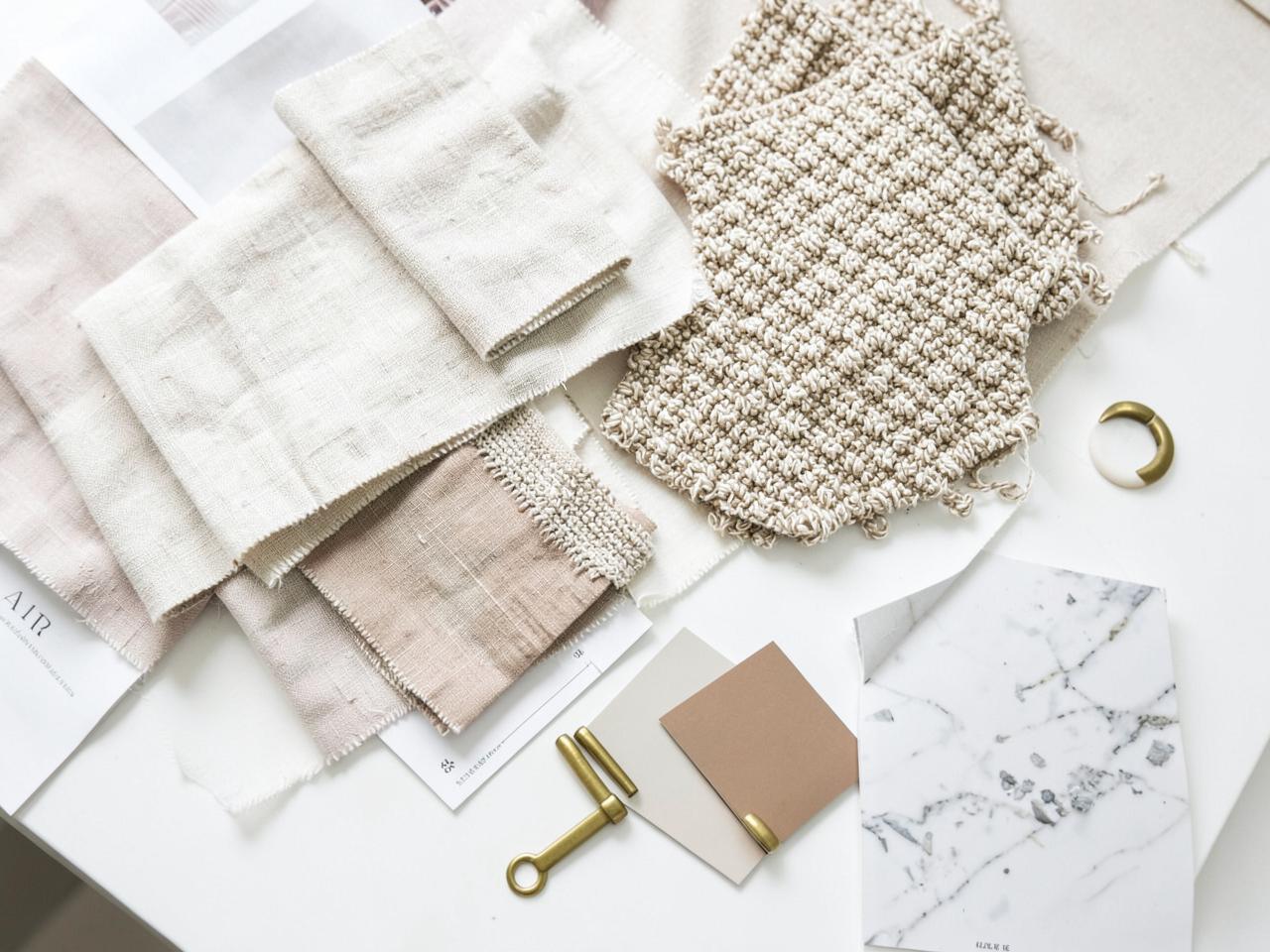 Flat lay of fabric swatches, paint cards and brass hardware in warm neutrals