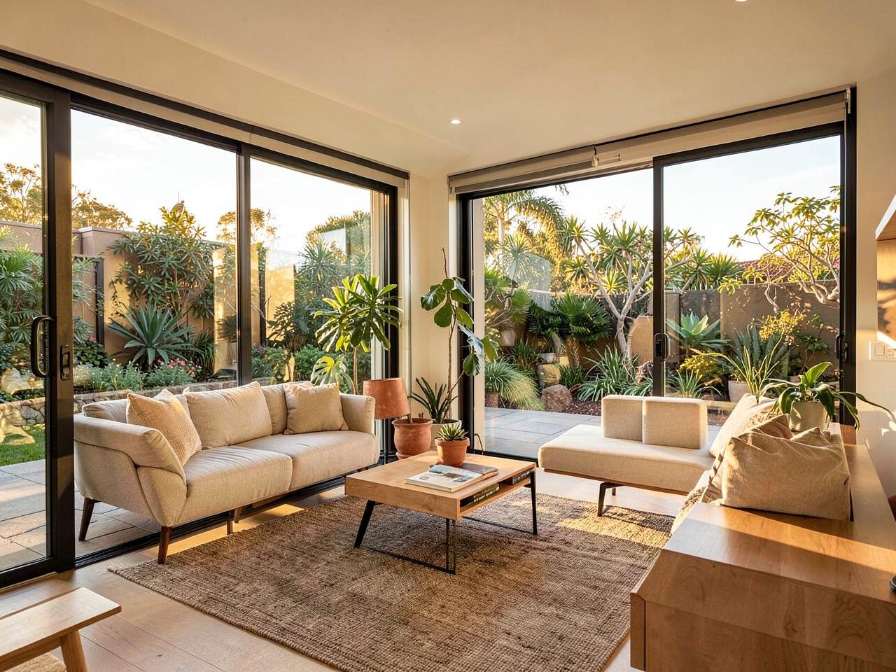 Open-plan living room with sliding doors opening to a garden terrace at golden hour