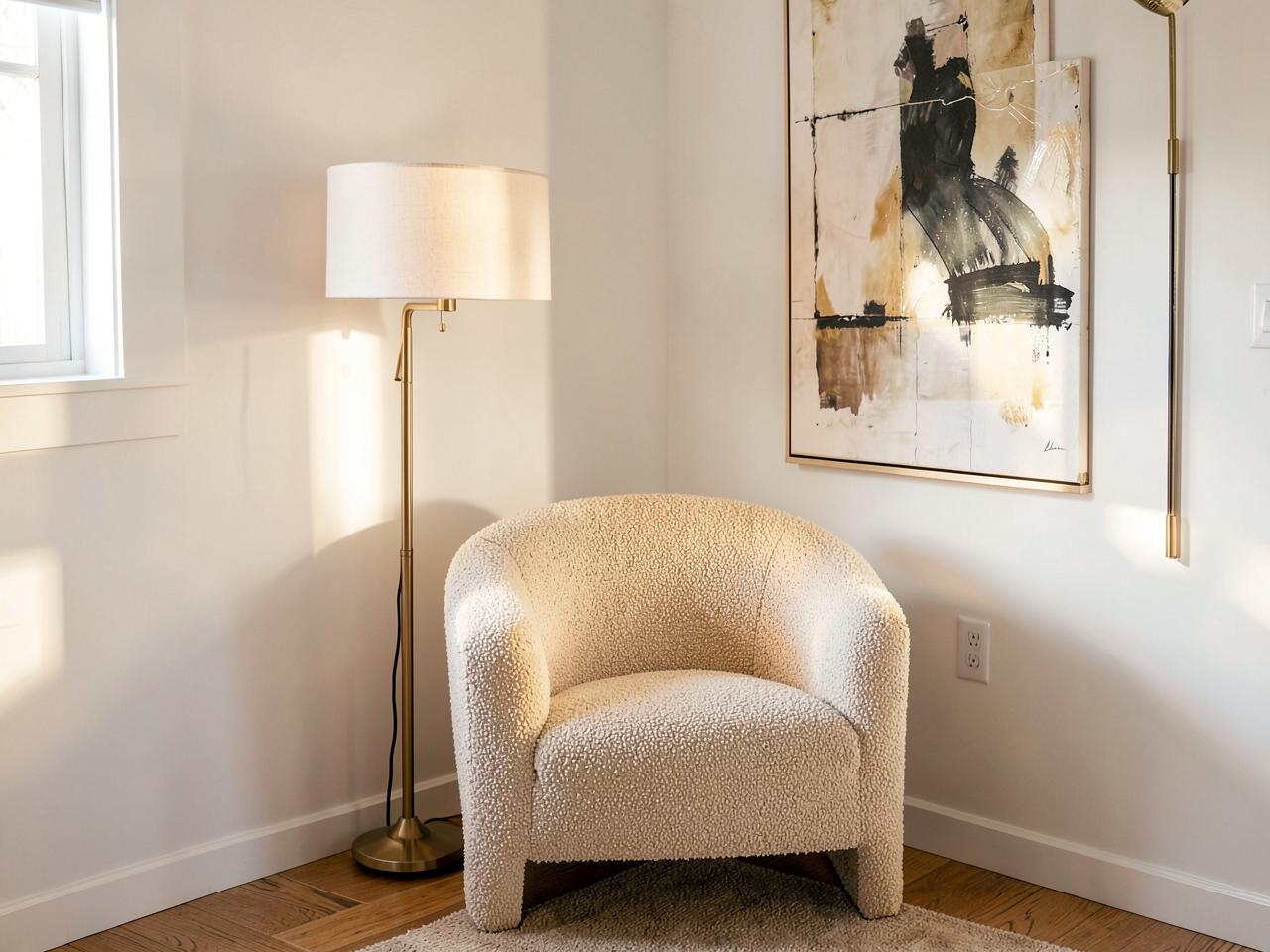 Styled reading nook with boucle armchair, floor lamp and abstract artwork