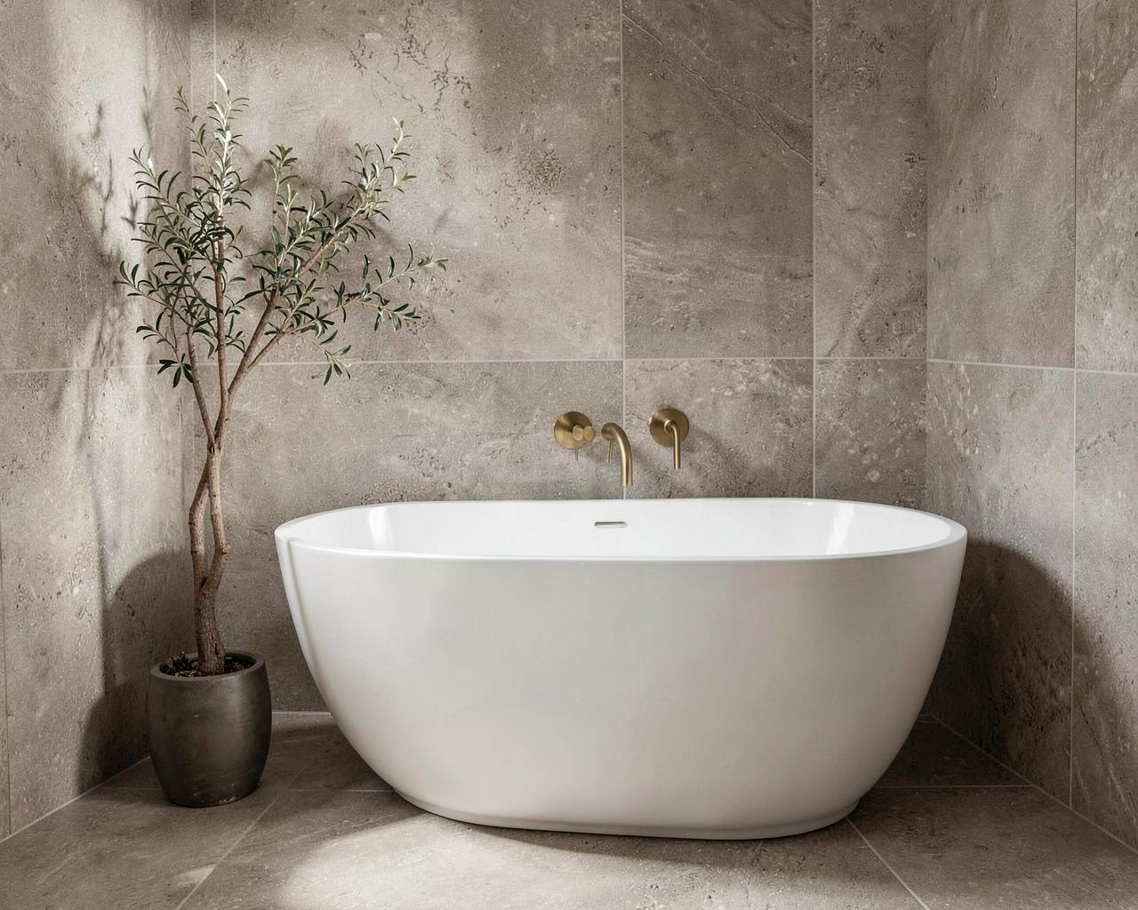 Bathroom with freestanding bath, stone tiles and brushed brass fixtures