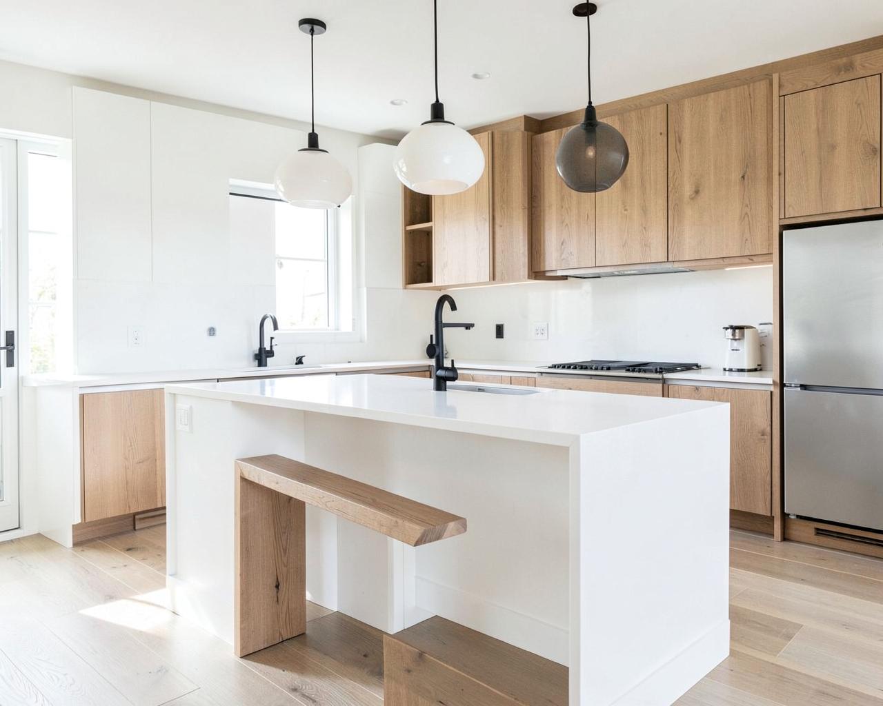 White and oak kitchen with island bench and matte black tapware